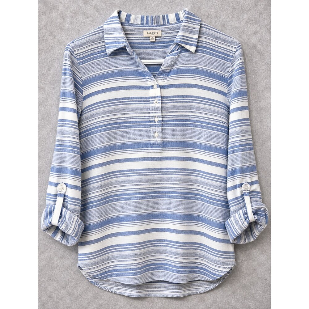 TALBOTS STRIPED BLOUSE WOMENS S BLUE WHITE POPOVER COTTON
